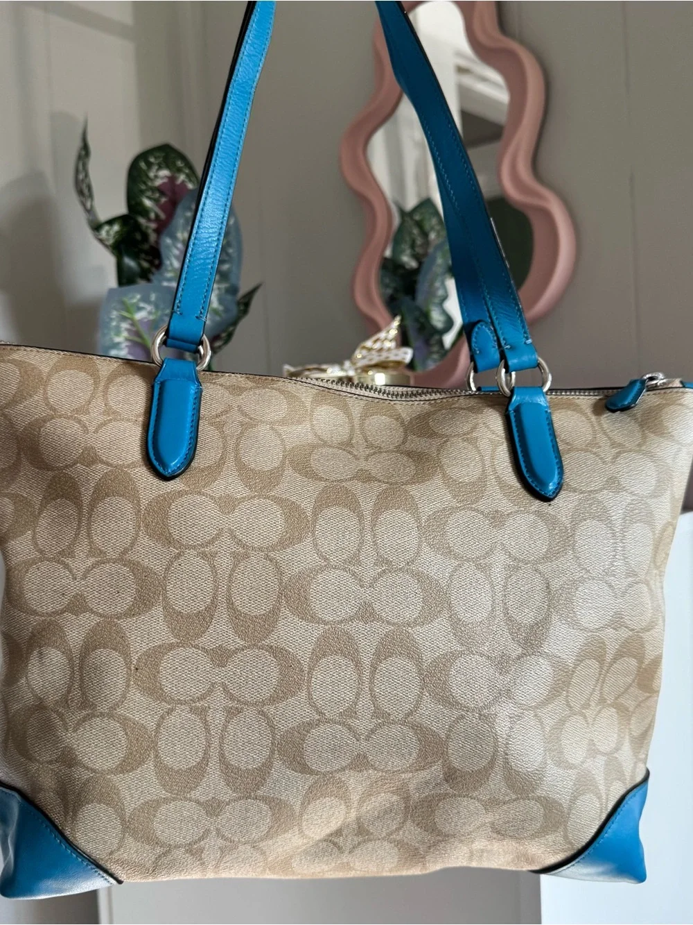Coach Beige Signature Tote with Bright Blue Leather Trim and Matching Wallet